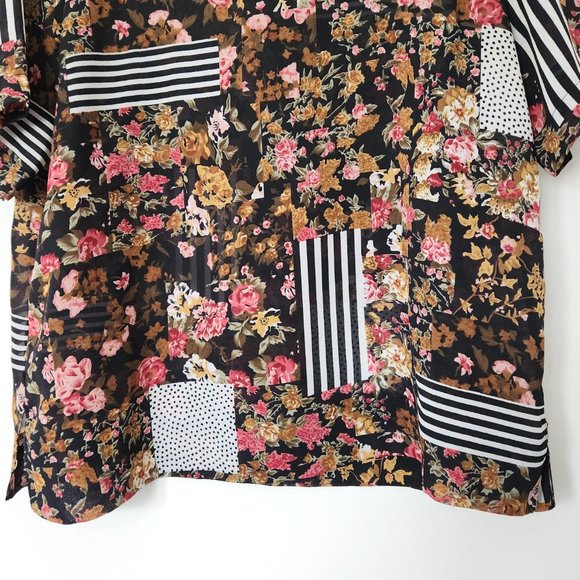 Vintage 90s Notations Black Floral Blouse Semi Sheer Stripes Short Sleeve Medium - Picture 5 of 16